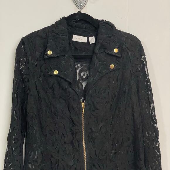 Chico’s 2 black gold lace sheer long sleeve jacket dark boho Corpcore floral - Picture 2 of 8